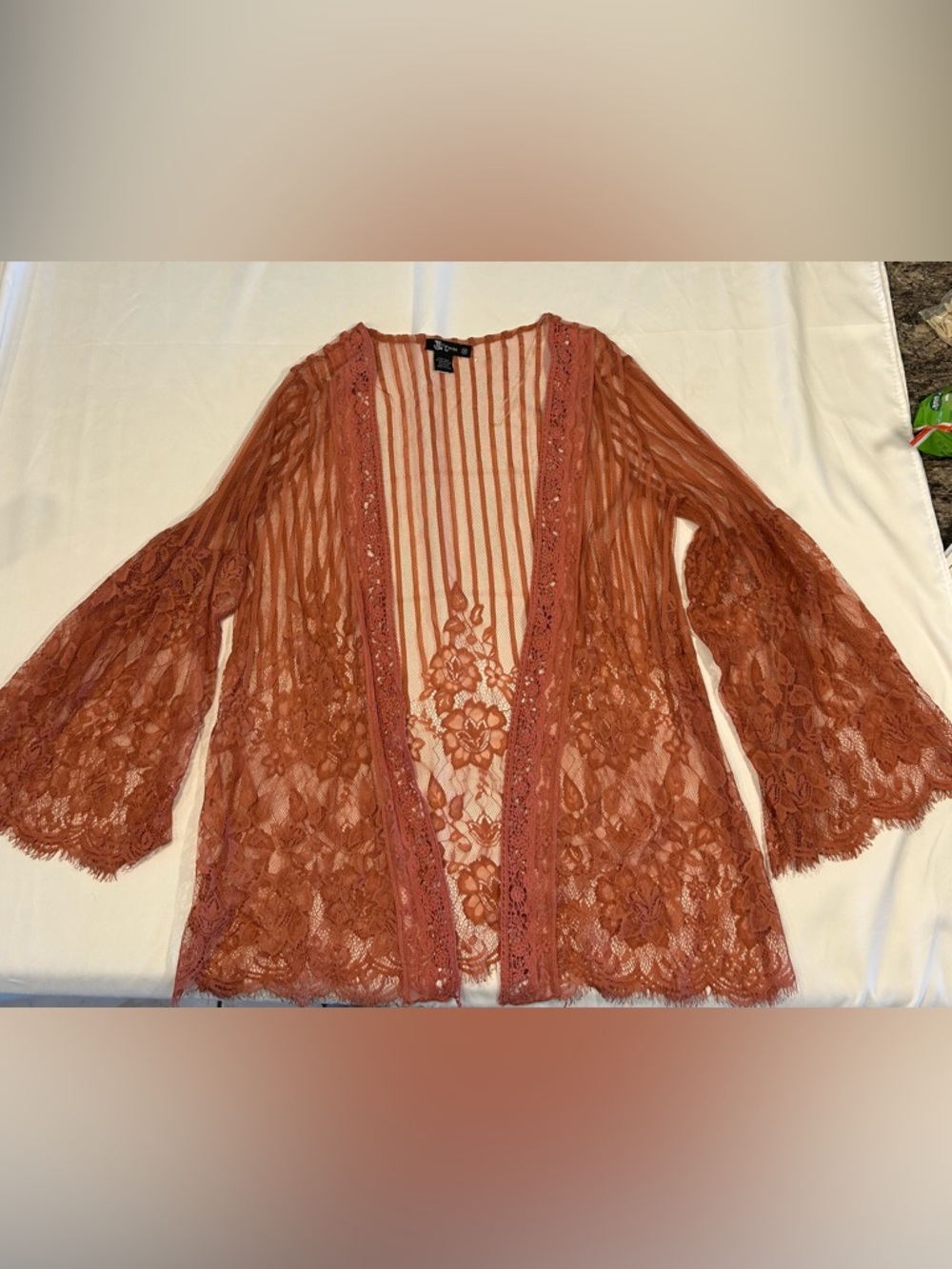 Miss Chievous Sheer Striped Mesh Kimono in Terracotta